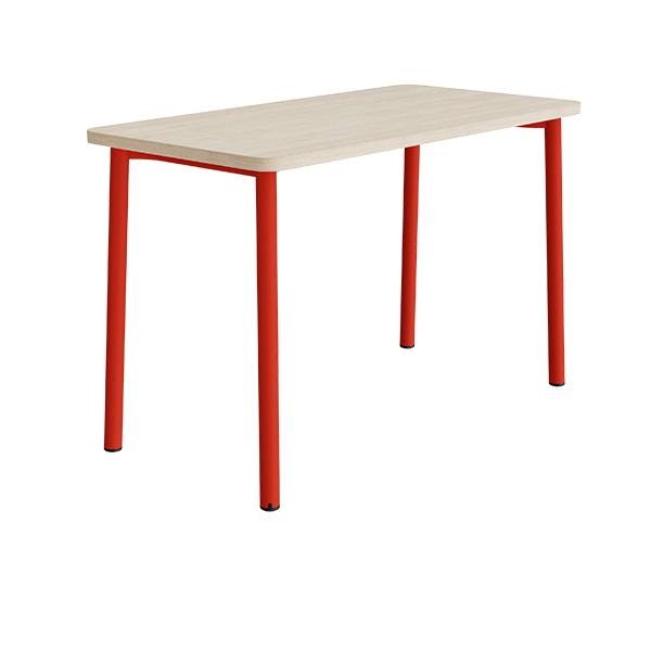 B&oslash;rnebord 140x70cm i hvidpigmenteret eg laminat med r&oslash;dt stel, h&oslash;jde 90cm