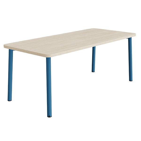 B&oslash;rnebord 180x80cm i hvidpigmenteret eg laminat med bl&aring;t stel, h&oslash;jde 72cm