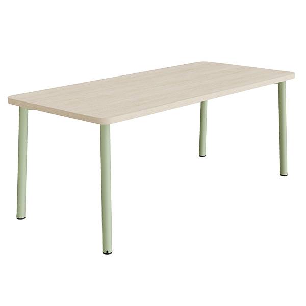 B&oslash;rnebord 180x80cm i hvidpigmenteret eg laminat med gr&oslash;nt stel, h&oslash;jde 72cm