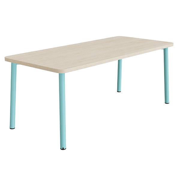 B&oslash;rnebord 180x80cm i hvidpigmenteret eg laminat med turkis stel, h&oslash;jde 72cm
