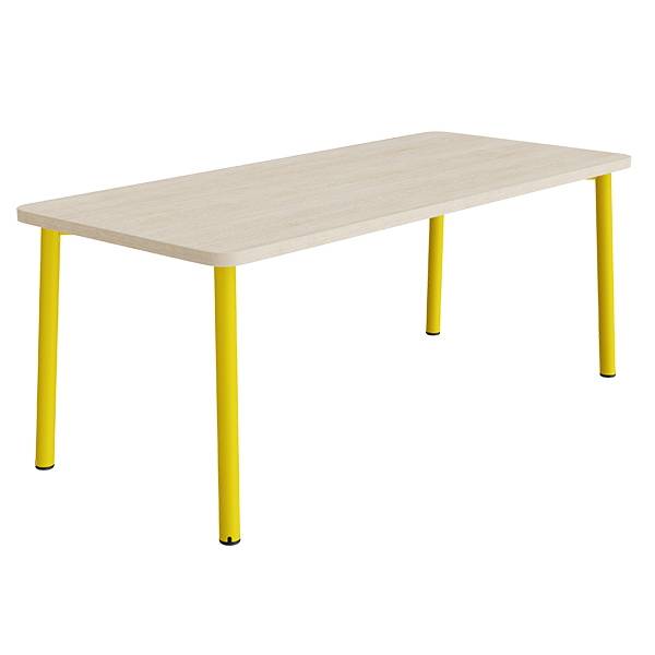 B&oslash;rnebord 180x80cm i hvidpigmenteret eg laminat med gult stel, h&oslash;jde 72cm