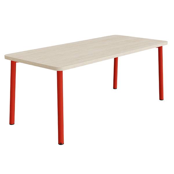 B&oslash;rnebord 180x80cm i hvidpigmenteret eg laminat med r&oslash;dt stel, h&oslash;jde 72cm