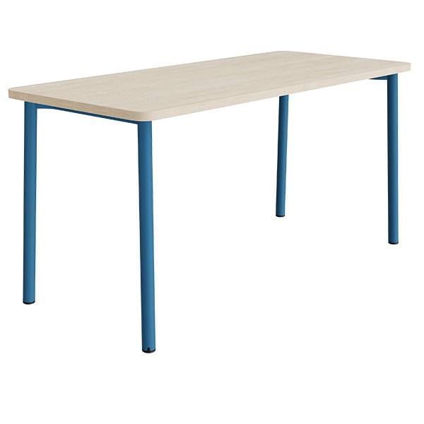 B&oslash;rnebord 180x80cm i lydd&aelig;mpende hvidpigmenteret eg laminat med bl&aring;t stel, h&oslash;jde 90cm