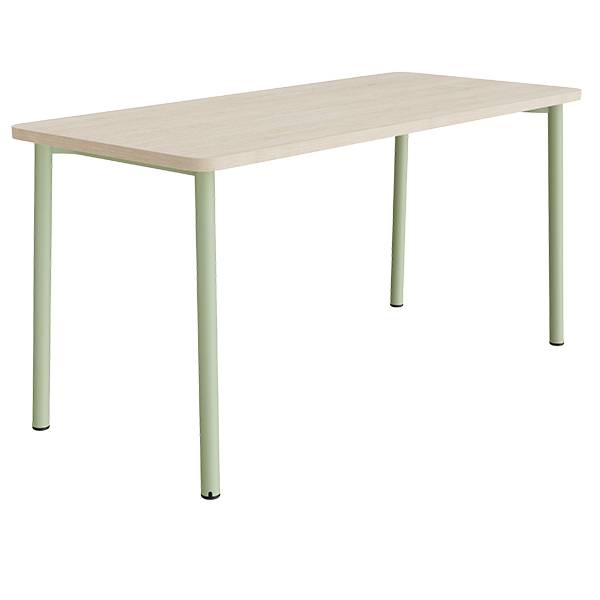 B&oslash;rnebord 180x80cm i hvidpigmenteret eg laminat med gr&oslash;nt stel, h&oslash;jde 90cm