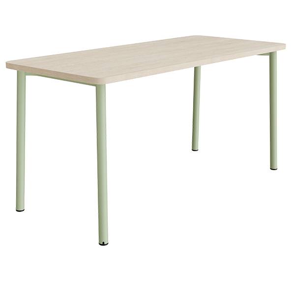 B&oslash;rnebord 180x80cm i hvidpigmenteret eg laminat med gr&oslash;nt stel, h&oslash;jde 90cm