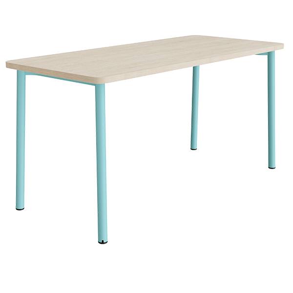 Børnebord 180x80cm i lyddæmpende hvidpigmenteret eg laminat med turkis stel, højde 90cm