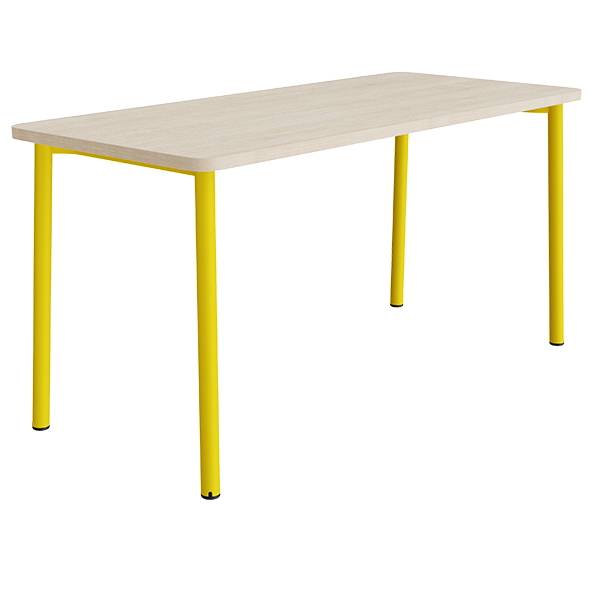 B&oslash;rnebord 180x80cm i hvidpigmenteret eg laminat med gult stel, h&oslash;jde 90cm