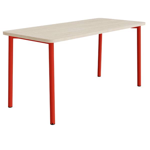 B&oslash;rnebord 180x80cm i hvidpigmenteret eg laminat med r&oslash;dt stel, h&oslash;jde 90cm