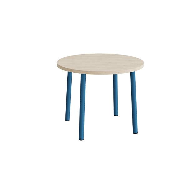 Rundt børnebord Ø90cm i hvidpigmenteret eg laminat med blåt stel, højde 72cm 