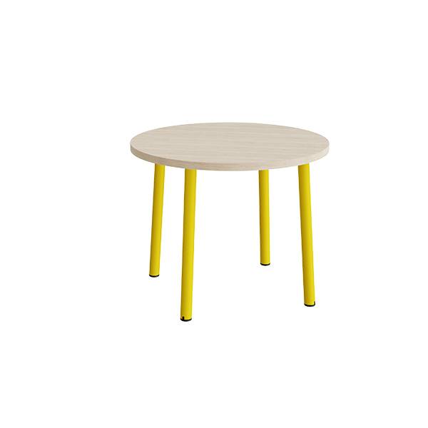 Rundt børnebord Ø90cm i hvidpigmenteret eg laminat med gult stel, højde 72cm 