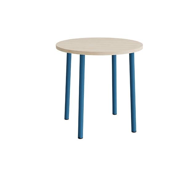 Rundt b&oslash;rnebord &Oslash;90cm i hvidpigmenteret eg laminat med bl&aring;t stel, h&oslash;jde 90cm