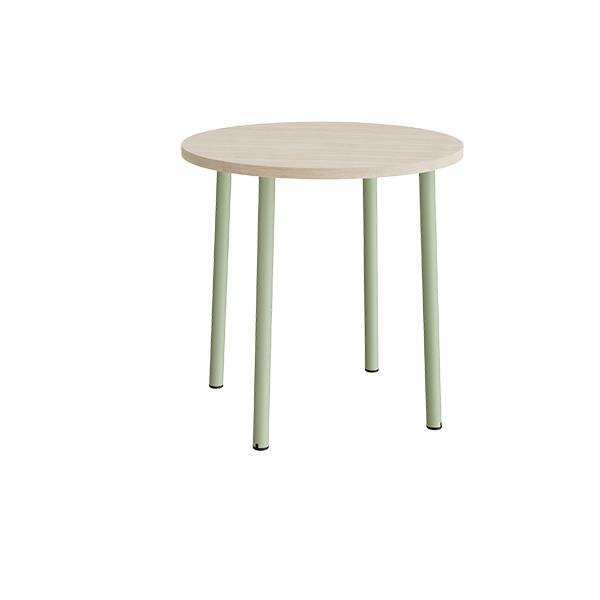 Rundt b&oslash;rnebord &Oslash;90cm i hvidpigmenteret eg laminat med gr&oslash;nt stel, h&oslash;jde 90cm 