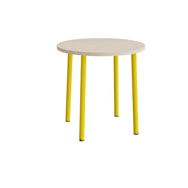 Rundt børnebord Ø90cm i hvidpigmenteret eg laminat med gult stel, højde 90cm