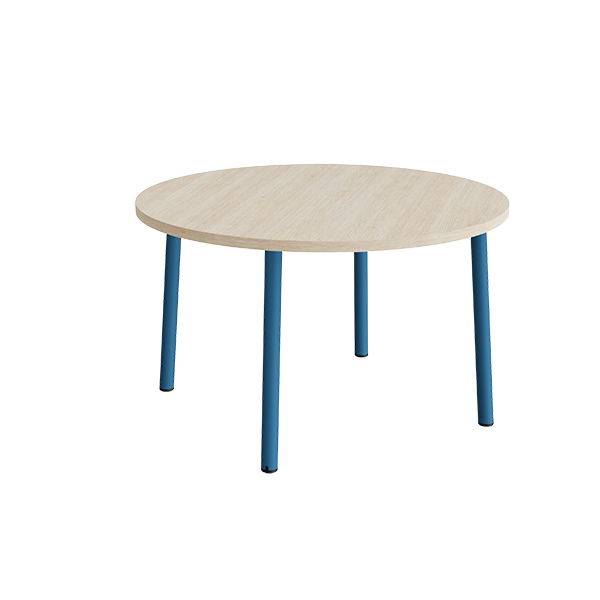 Rundt b&oslash;rnebord &Oslash;120cm i hvidpigmenteret eg laminat med bl&aring;t stel, h&oslash;jde 72cm