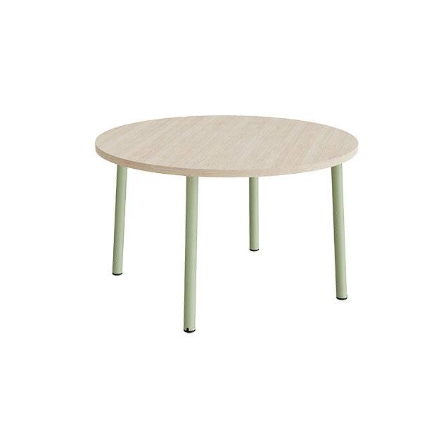 Rundt b&oslash;rnebord &Oslash;120cm i hvidpigmenteret eg laminat med gr&oslash;nt stel, h&oslash;jde 72cm