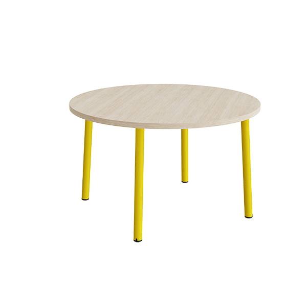 Rundt b&oslash;rnebord &Oslash;120cm i hvidpigmenteret eg laminat med gult stel, h&oslash;jde 72cm