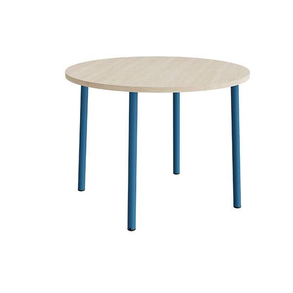 Rundt b&oslash;rnebord &Oslash;120cm i hvidpigmenteret eg laminat med bl&aring;t stel, h&oslash;jde 90cm 