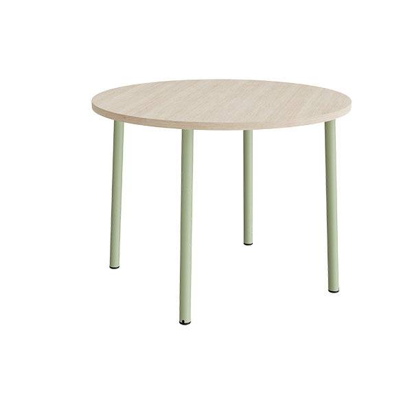 Rundt b&oslash;rnebord &Oslash;120cm i hvidpigmenteret eg laminat med gr&oslash;nt stel, h&oslash;jde 90cm