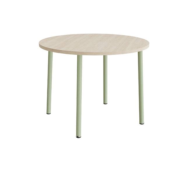 Rundt b&oslash;rnebord &Oslash;120cm i hvidpigmenteret eg laminat med gr&oslash;nt stel, h&oslash;jde 90cm
