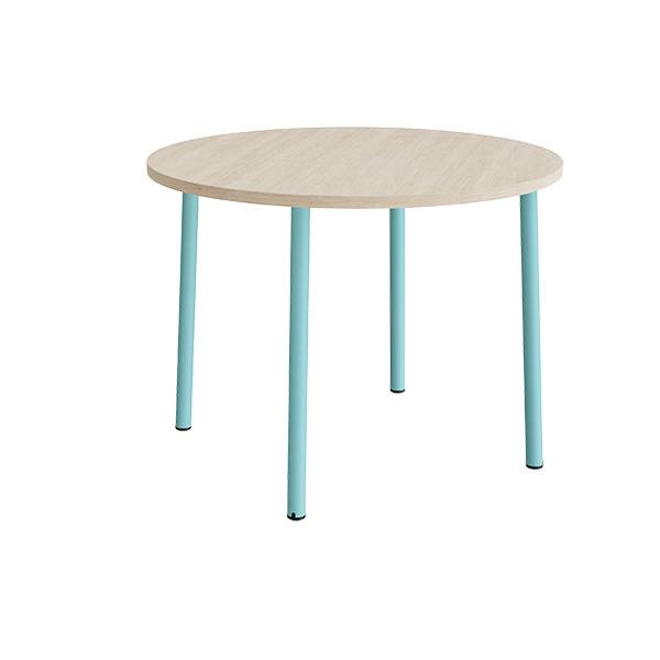 Rundt b&oslash;rnebord &Oslash;120cm i hvidpigmenteret eg laminat med turkis stel, h&oslash;jde 90cm