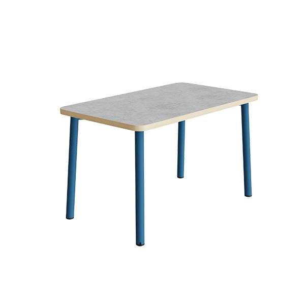 B&oslash;rnebord 120x70cm i lys gr&aring; linoleum med bl&aring;t stel, h&oslash;jde 72cm