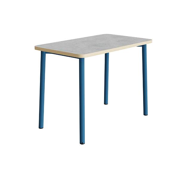 B&oslash;rnebord 120x70cm i lys gr&aring; linoleum med bl&aring;t stel, h&oslash;jde 90cm