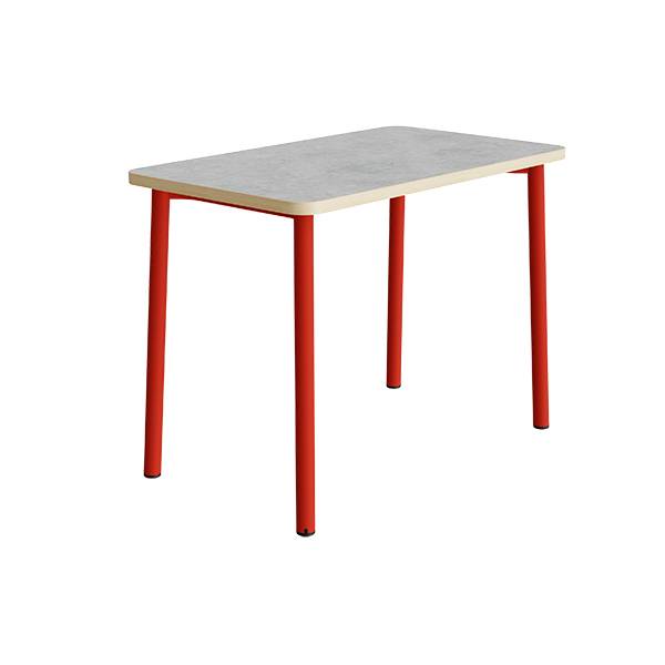 B&oslash;rnebord 120x70cm i lys gr&aring; linoleum med r&oslash;dt stel, h&oslash;jde 90cm