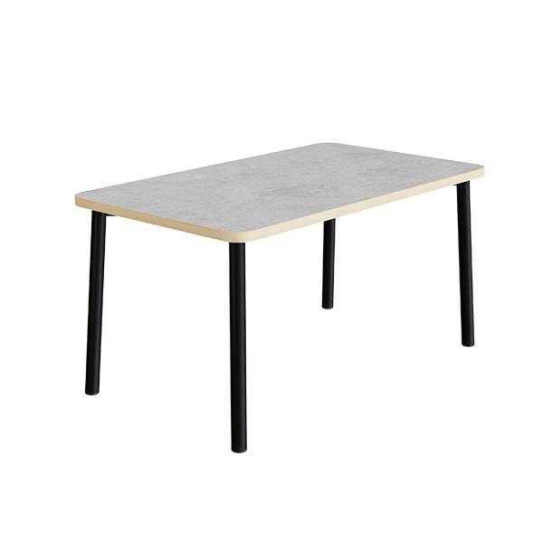 B&oslash;rnebord 140x70cm i lys gr&aring; linoleum med sort stel, h&oslash;jde 72cm 