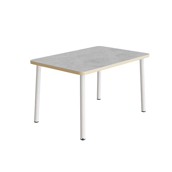 B&oslash;rnebord 140x70cm i lys gr&aring; linoleum p&aring; hvidt stel, h&oslash;jde 72cm