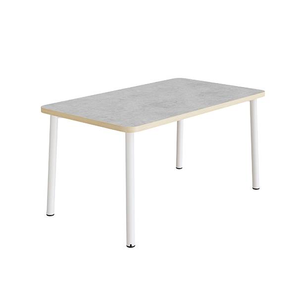 B&oslash;rnebord 140x70cm i lys gr&aring; linoleum med hvidt stel, h&oslash;jde 72cm 