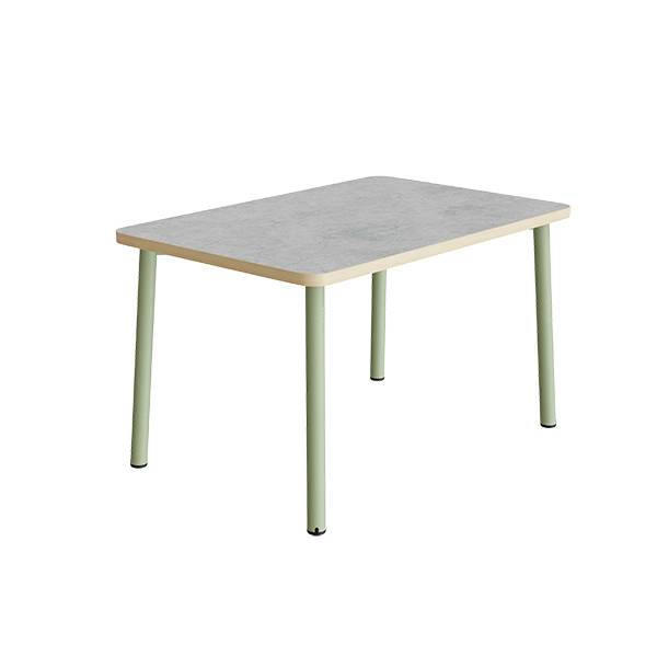 B&oslash;rnebord 140x70cm i lys gr&aring; linoleum med gr&oslash;nt stel, h&oslash;jde 72cm