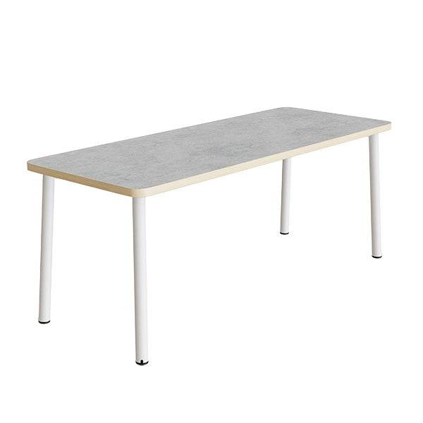 B&oslash;rnebord 140x70cm i lys gr&aring; linoleum p&aring; hvidt stel, h&oslash;jde 90cm