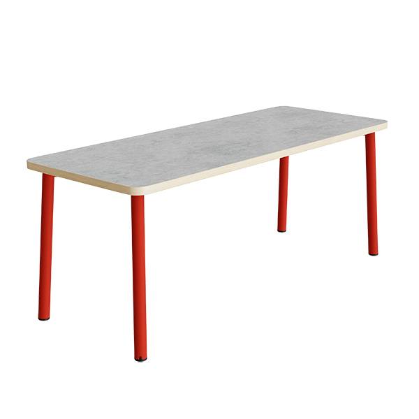 B&oslash;rnebord 140x70cm i lys gr&aring; linoleum med r&oslash;dt stel, h&oslash;jde 90cm