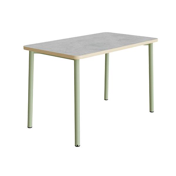B&oslash;rnebord 180x80cm i lys gr&aring; linoleum med gr&oslash;nt stel, h&oslash;jde 72cm