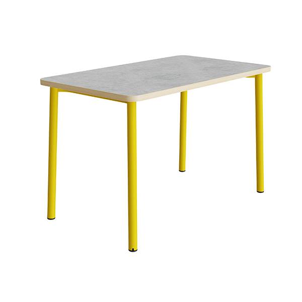B&oslash;rnebord 180x80cm i lys gr&aring; linoleum med gult stel, h&oslash;jde 72cm