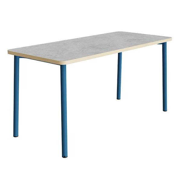 B&oslash;rnebord 180x80cm i lys gr&aring; linoleum med bl&aring;t stel, h&oslash;jde 90cm