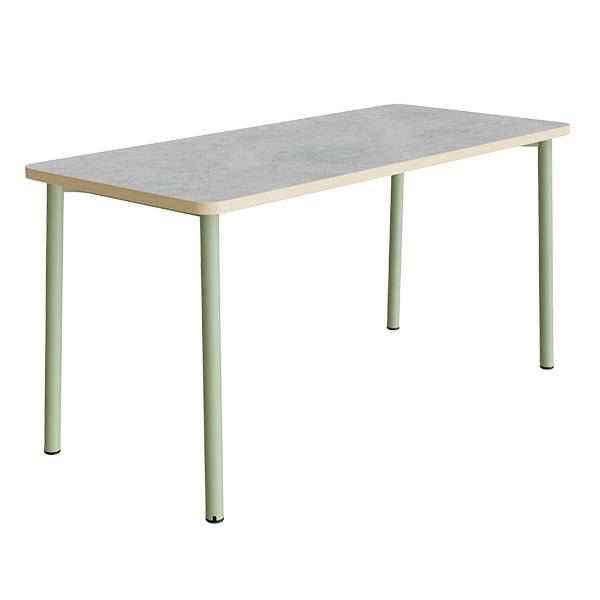 B&oslash;rnebord 180x80cm i lys gr&aring; linoleum med gr&oslash;nt stel, h&oslash;jde 90cm