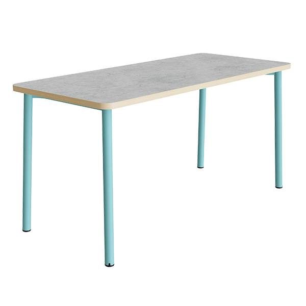 B&oslash;rnebord 180x80cm i lys gr&aring; linoleum med turkis stel, h&oslash;jde 90cm