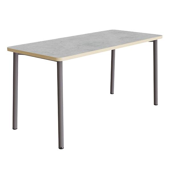 B&oslash;rnebord 180x80cm i lys gr&aring; linoleum med gr&aring;t stel, h&oslash;jde 90cm