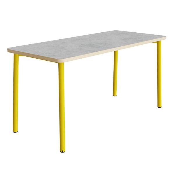 B&oslash;rnebord 180x80cm i lys gr&aring; linoleum med gult stel, h&oslash;jde 90cm