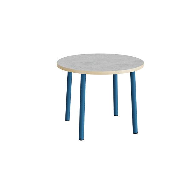 Rundt børnebord Ø90cm i lys grå linoleum med blåt stel, højde 72cm 