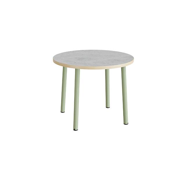 Rundt børnebord Ø90cm i lys grå linoleum med grønt stel, højde 72cm 