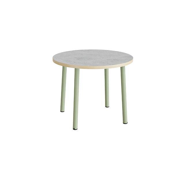 Rundt b&oslash;rnebord &Oslash;90cm i lys gr&aring; linoleum med gr&oslash;nt stel, h&oslash;jde 72cm 