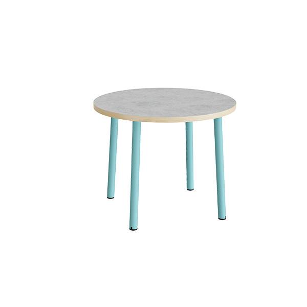 Rundt børnebord Ø90cm i lys grå linoleum med turkis stel, højde 72cm