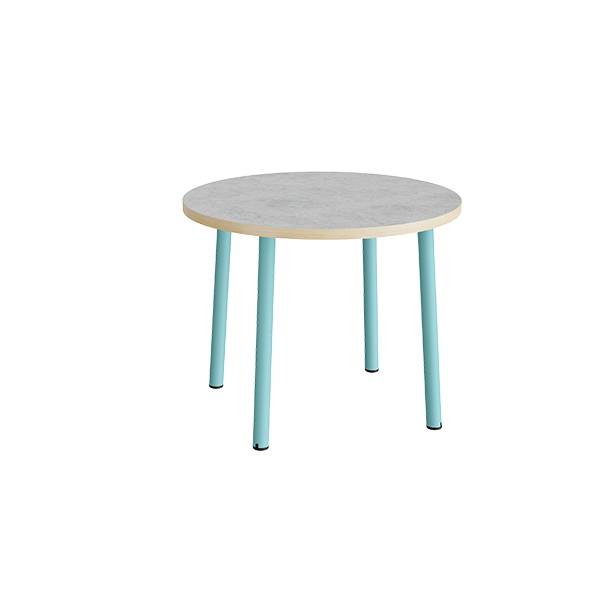 Rundt b&oslash;rnebord &Oslash;90cm i lys gr&aring; linoleum med turkis stel, h&oslash;jde 72cm 