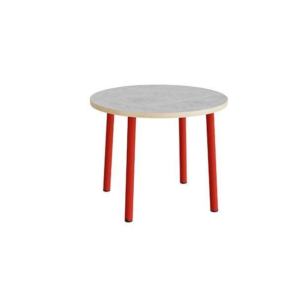 Rundt børnebord Ø90cm i lys grå linoleum med rødt stel, højde 72cm