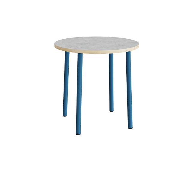 Rundt børnebord Ø90cm i lys grå linoleum med blåt stel, højde 90cm