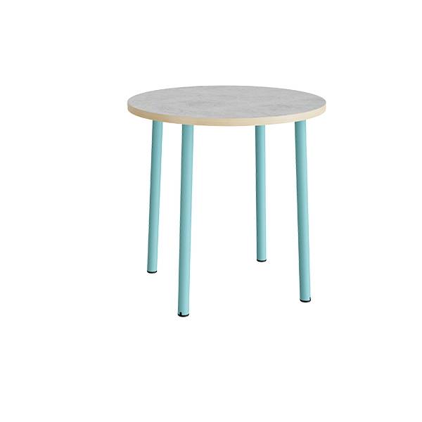 Rundt b&oslash;rnebord &Oslash;90cm i lys gr&aring; linoleum med turkis stel, h&oslash;jde 90cm 