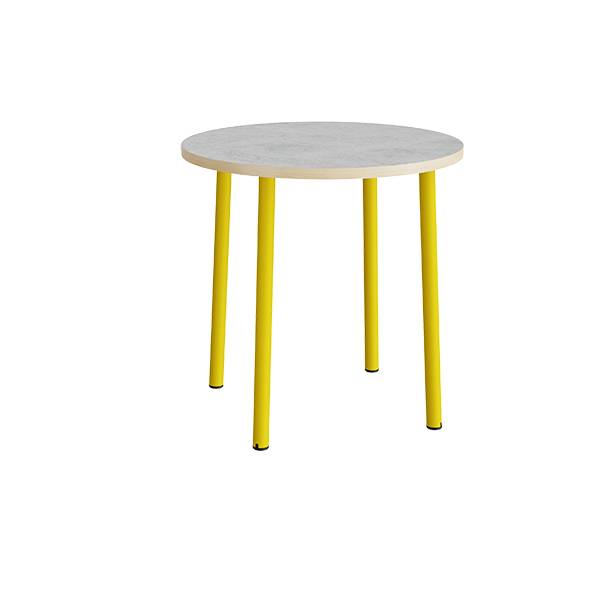 Rundt børnebord Ø90cm i lys grå linoleum med gult stel, højde 90cm