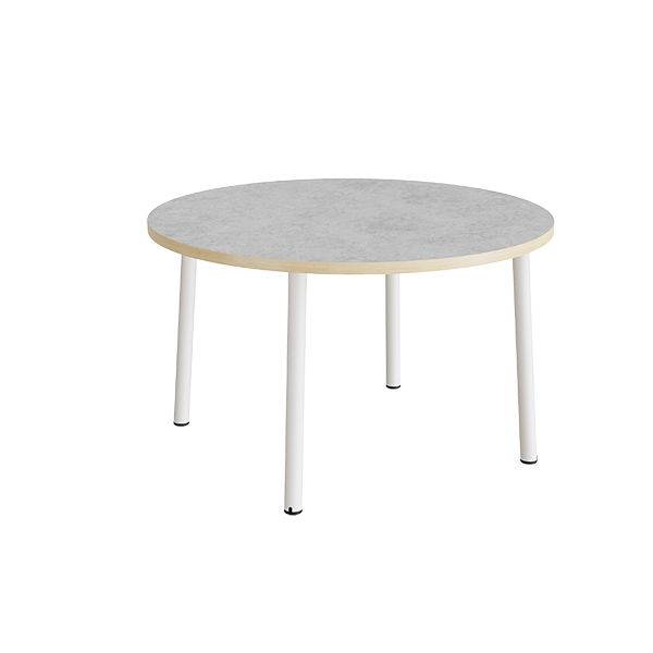 Rundt b&oslash;rnebord &Oslash;120cm i lys gr&aring; linoleum p&aring; hvidt stel, h&oslash;jde 72cm